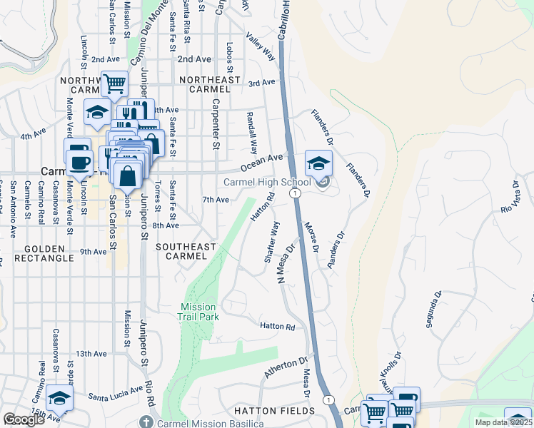 map of restaurants, bars, coffee shops, grocery stores, and more near 25500 Shafter Way in Carmel-by-the-Sea