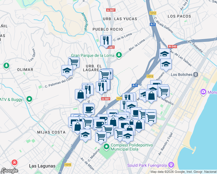 map of restaurants, bars, coffee shops, grocery stores, and more near 80 Calle Calerita in Fuengirola
