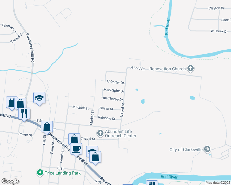 map of restaurants, bars, coffee shops, grocery stores, and more near 210 Mark Spitz Drive in Clarksville