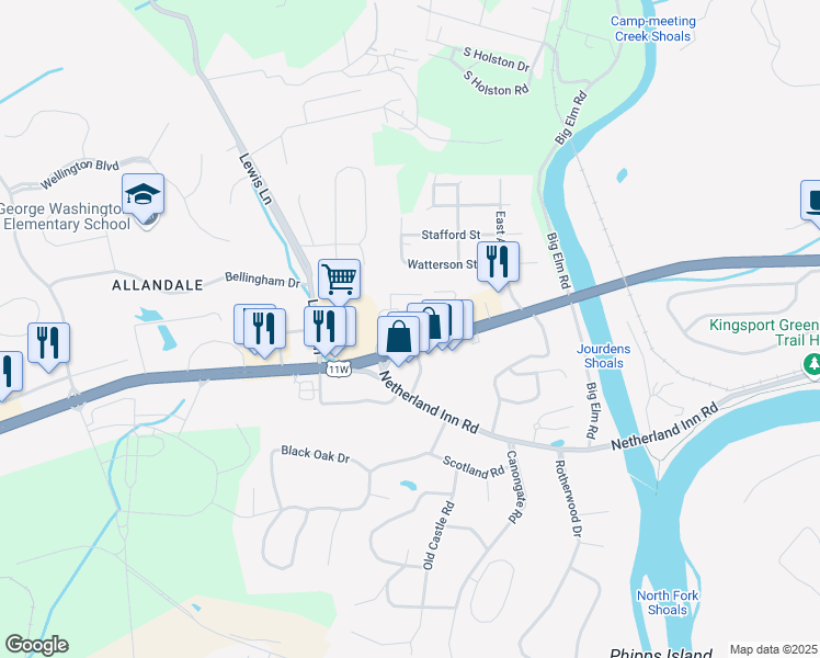 map of restaurants, bars, coffee shops, grocery stores, and more near 4260 West Stone Drive in Kingsport