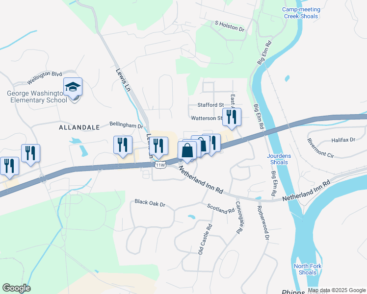 map of restaurants, bars, coffee shops, grocery stores, and more near 4250 West Stone Drive in Kingsport