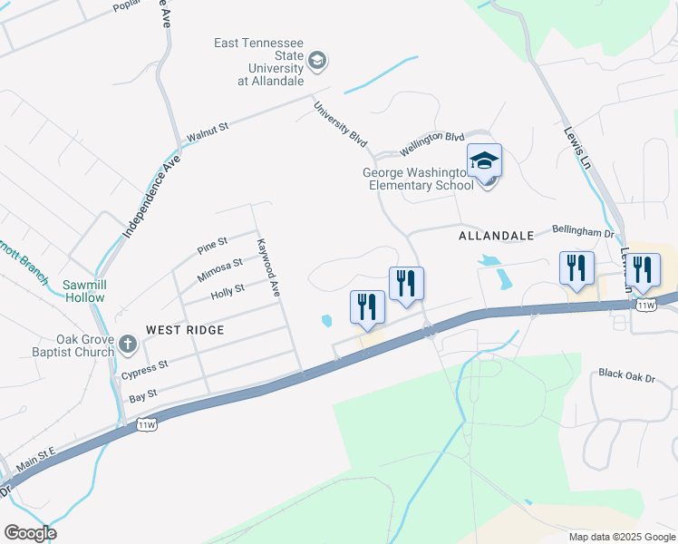 map of restaurants, bars, coffee shops, grocery stores, and more near 1000 University Boulevard in Kingsport