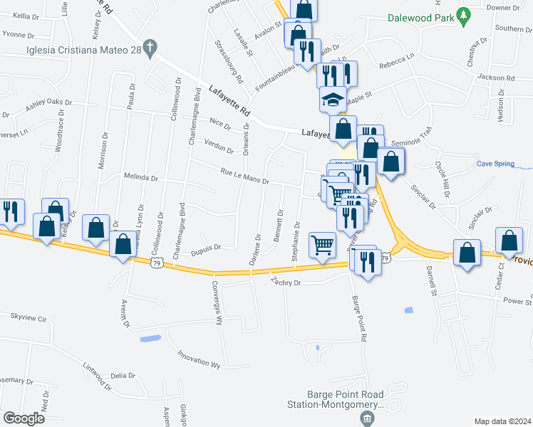 map of restaurants, bars, coffee shops, grocery stores, and more near 106 Bennett Drive in Clarksville