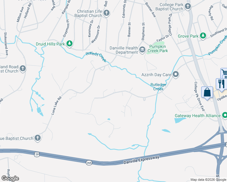 map of restaurants, bars, coffee shops, grocery stores, and more near Gaither Road in Danville