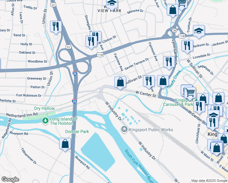 map of restaurants, bars, coffee shops, grocery stores, and more near 901 West Center Street in Kingsport