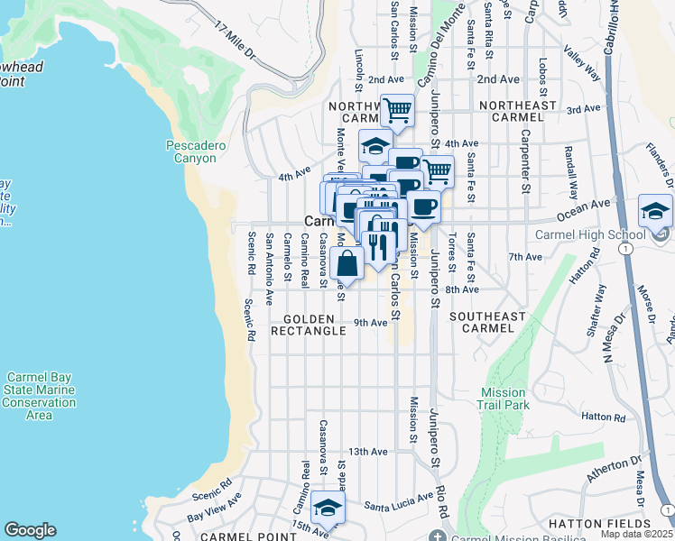map of restaurants, bars, coffee shops, grocery stores, and more near in Carmel-by-the-Sea