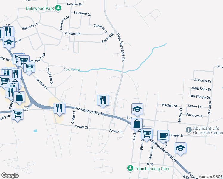map of restaurants, bars, coffee shops, grocery stores, and more near 418 Peachers Mill Road in Clarksville