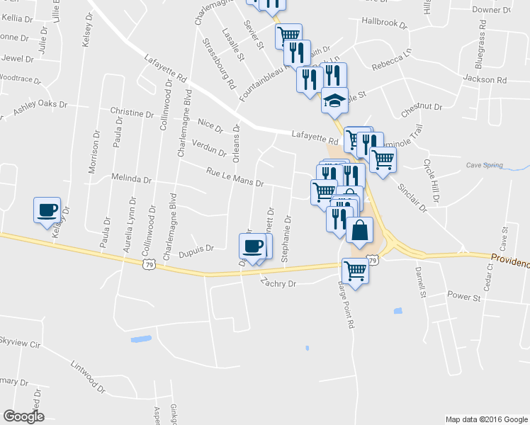 map of restaurants, bars, coffee shops, grocery stores, and more near 106 Bennett Drive in Clarksville