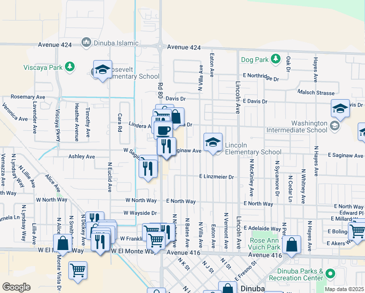 map of restaurants, bars, coffee shops, grocery stores, and more near 1001 North Bates Avenue in Dinuba