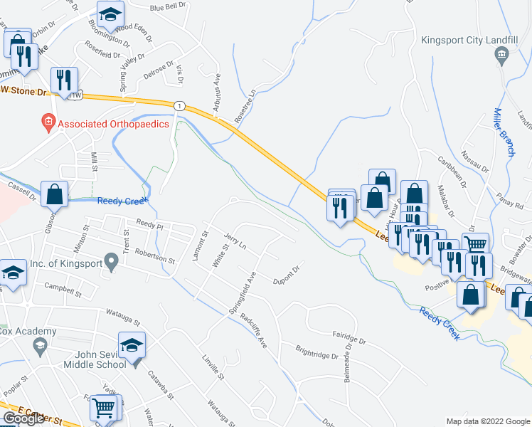 map of restaurants, bars, coffee shops, grocery stores, and more near 2229 Lamont Street in Kingsport