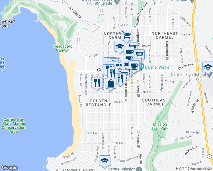 map of restaurants, bars, coffee shops, grocery stores, and more near 3 Monte Verde Street in Carmel-by-the-Sea