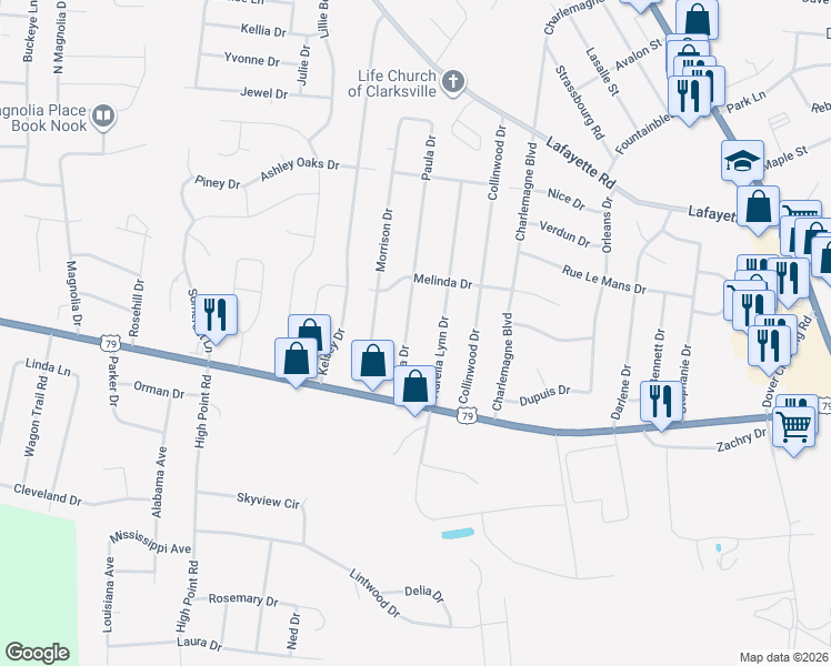 map of restaurants, bars, coffee shops, grocery stores, and more near 515 Paula Drive in Clarksville