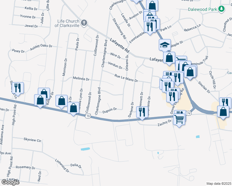 map of restaurants, bars, coffee shops, grocery stores, and more near 305 Chateauroux Drive in Clarksville