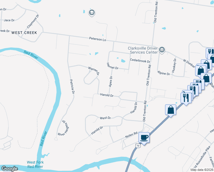 map of restaurants, bars, coffee shops, grocery stores, and more near 1809 Apex Drive in Clarksville