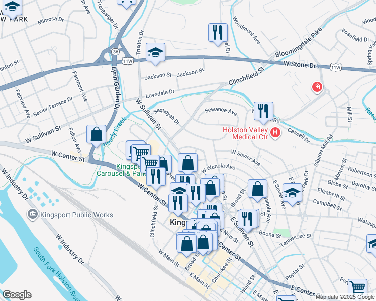 map of restaurants, bars, coffee shops, grocery stores, and more near 217 Hammond Avenue in Kingsport