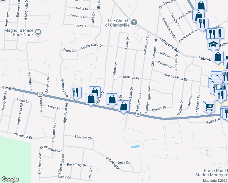 map of restaurants, bars, coffee shops, grocery stores, and more near 513 Morrison Drive in Clarksville