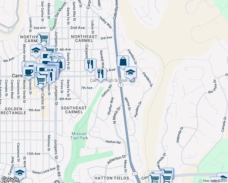 map of restaurants, bars, coffee shops, grocery stores, and more near 25500 Shafter Way in Carmel-by-the-Sea