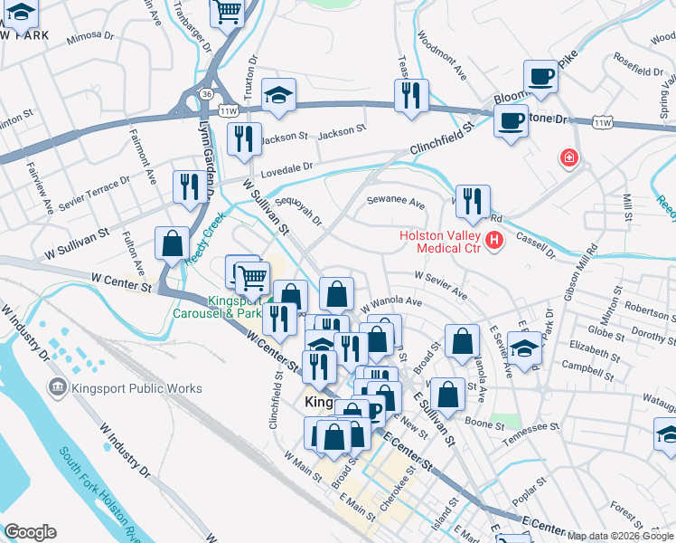 map of restaurants, bars, coffee shops, grocery stores, and more near 217 Hammond Avenue in Kingsport