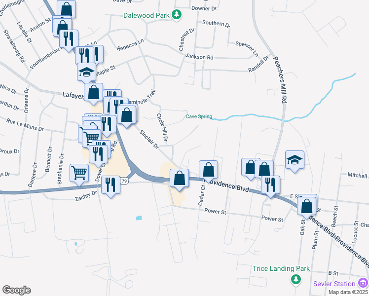 map of restaurants, bars, coffee shops, grocery stores, and more near 26 Cave Springs Road in Clarksville