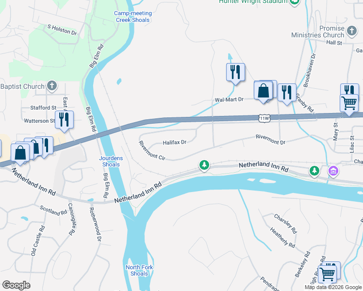 map of restaurants, bars, coffee shops, grocery stores, and more near 2617 Halifax Drive in Kingsport