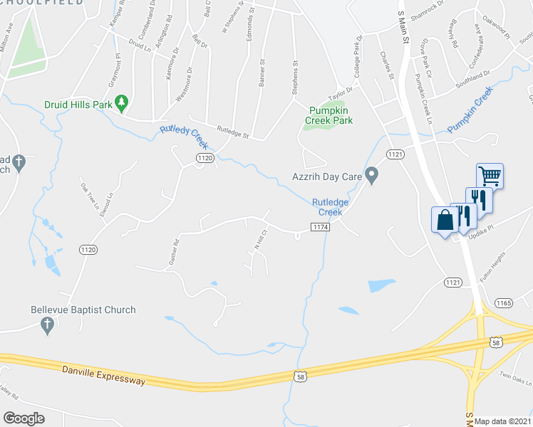 map of restaurants, bars, coffee shops, grocery stores, and more near 1000 Douglas Place in Danville