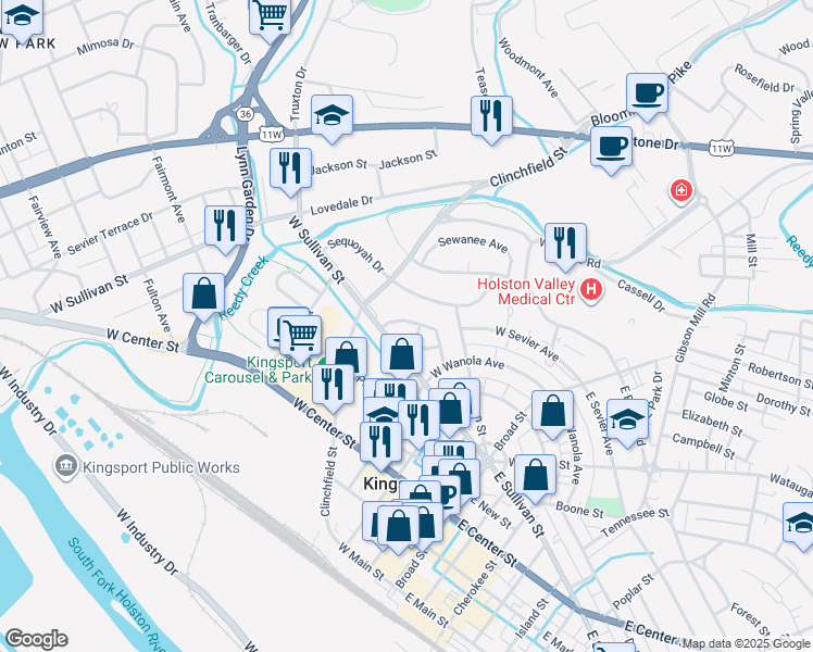map of restaurants, bars, coffee shops, grocery stores, and more near 217 Hammond Avenue in Kingsport