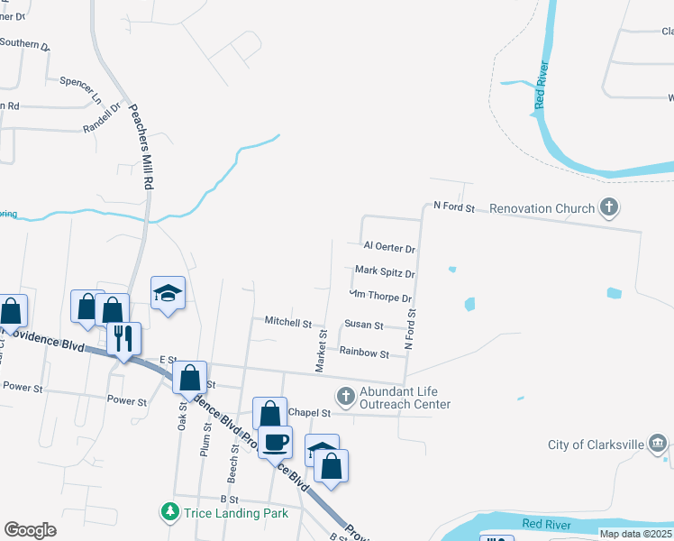 map of restaurants, bars, coffee shops, grocery stores, and more near 230 Mark Spitz Drive in Clarksville