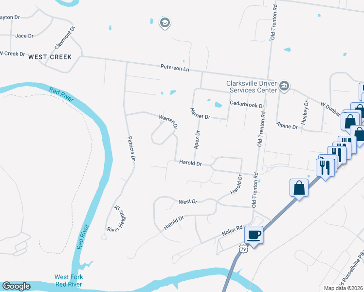 map of restaurants, bars, coffee shops, grocery stores, and more near 1807 Warren Drive in Clarksville