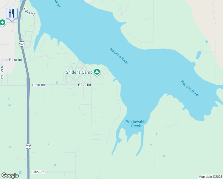 map of restaurants, bars, coffee shops, grocery stores, and more near 32049 South 627 Road in Grove