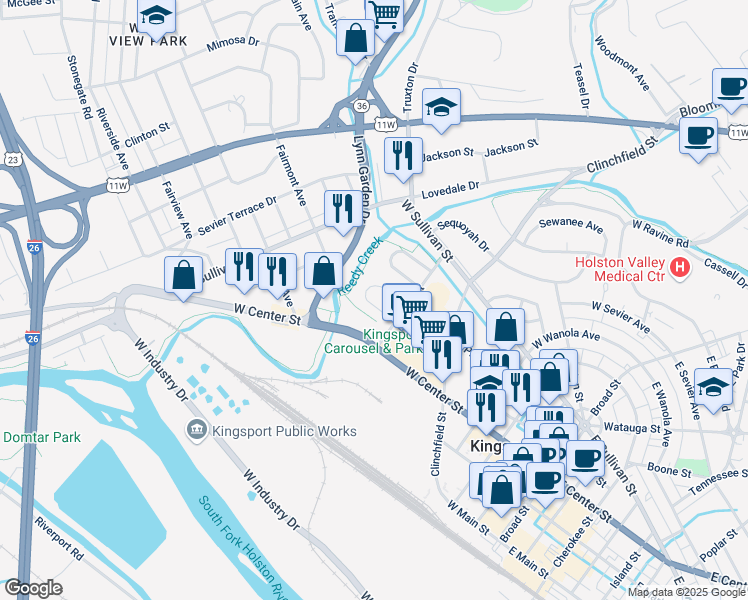 map of restaurants, bars, coffee shops, grocery stores, and more near 618 Arch Street in Kingsport