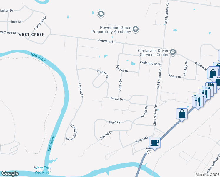 map of restaurants, bars, coffee shops, grocery stores, and more near 1807 Warren Drive in Clarksville
