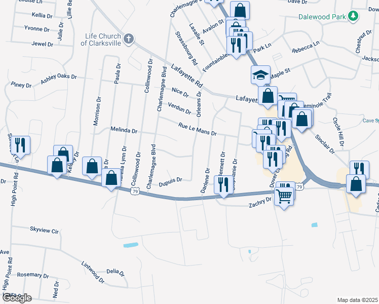 map of restaurants, bars, coffee shops, grocery stores, and more near 229 Orleans Drive in Clarksville