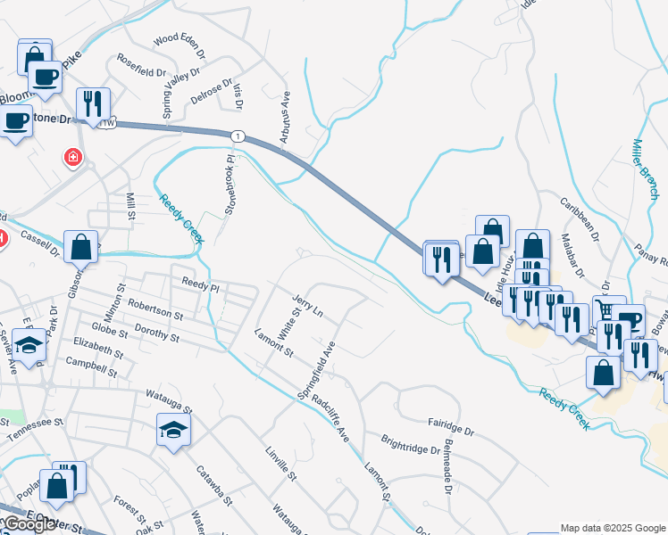 map of restaurants, bars, coffee shops, grocery stores, and more near 2229 Lamont Street in Kingsport