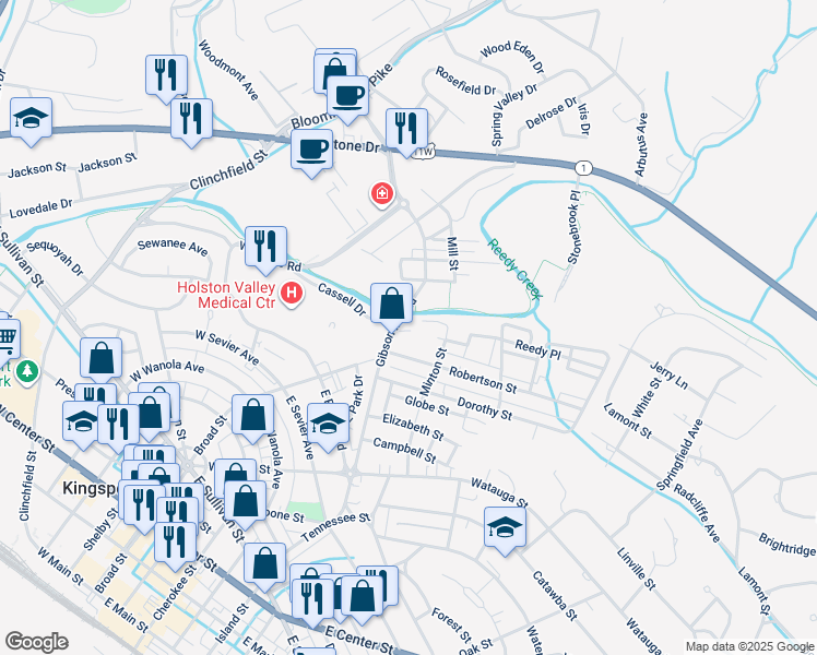 map of restaurants, bars, coffee shops, grocery stores, and more near 1014 Gibson Mill Road in Kingsport