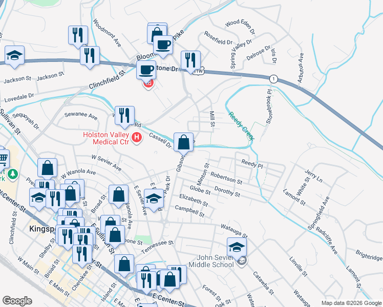 map of restaurants, bars, coffee shops, grocery stores, and more near 1014 Gibson Mill Road in Kingsport