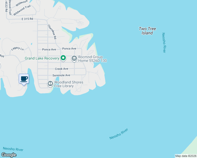 map of restaurants, bars, coffee shops, grocery stores, and more near 454131 East 319 Road in Grove