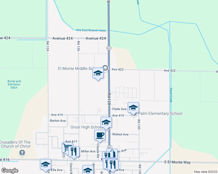 map of restaurants, bars, coffee shops, grocery stores, and more near 42111 Road 128 in Orosi