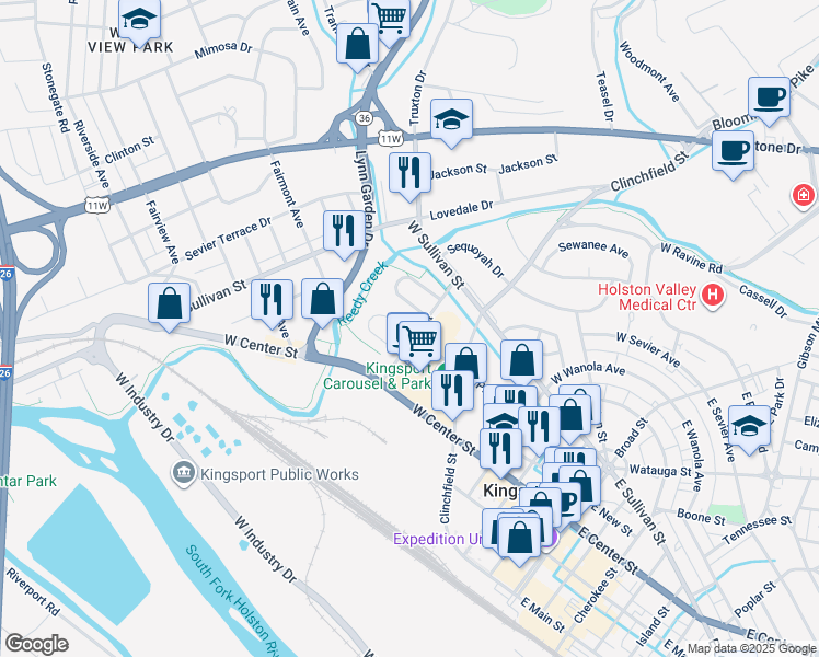 map of restaurants, bars, coffee shops, grocery stores, and more near 402 Roller Street in Kingsport