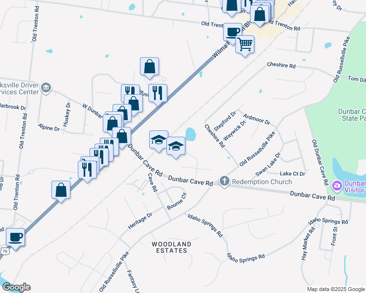 map of restaurants, bars, coffee shops, grocery stores, and more near 1851 Waters Edge Drive in Clarksville