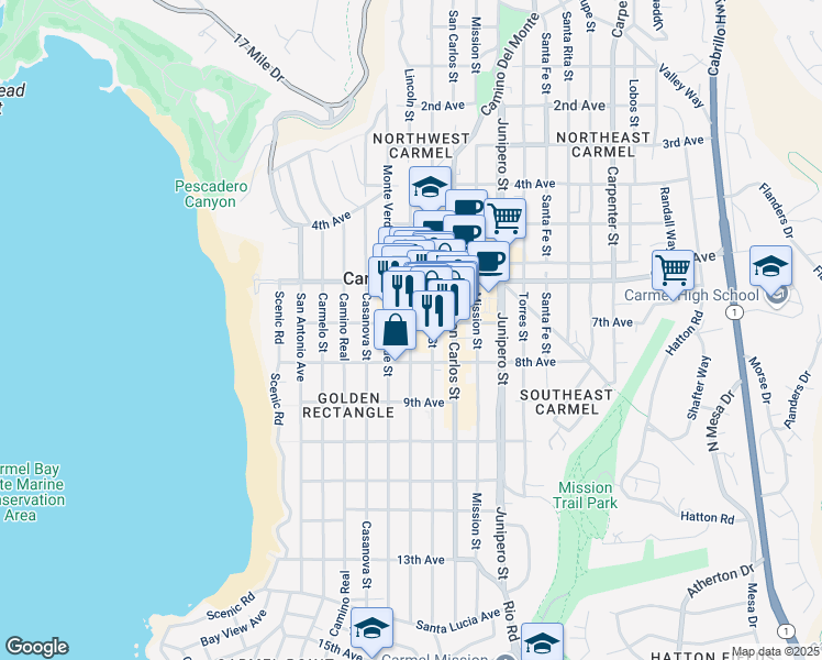 map of restaurants, bars, coffee shops, grocery stores, and more near 2 Lincoln Street in Carmel-by-the-Sea