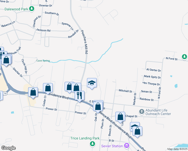 map of restaurants, bars, coffee shops, grocery stores, and more near 482 Oak Street in Clarksville