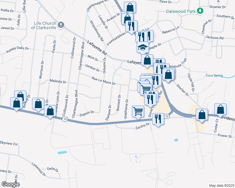 map of restaurants, bars, coffee shops, grocery stores, and more near 106 Bennett Drive in Clarksville