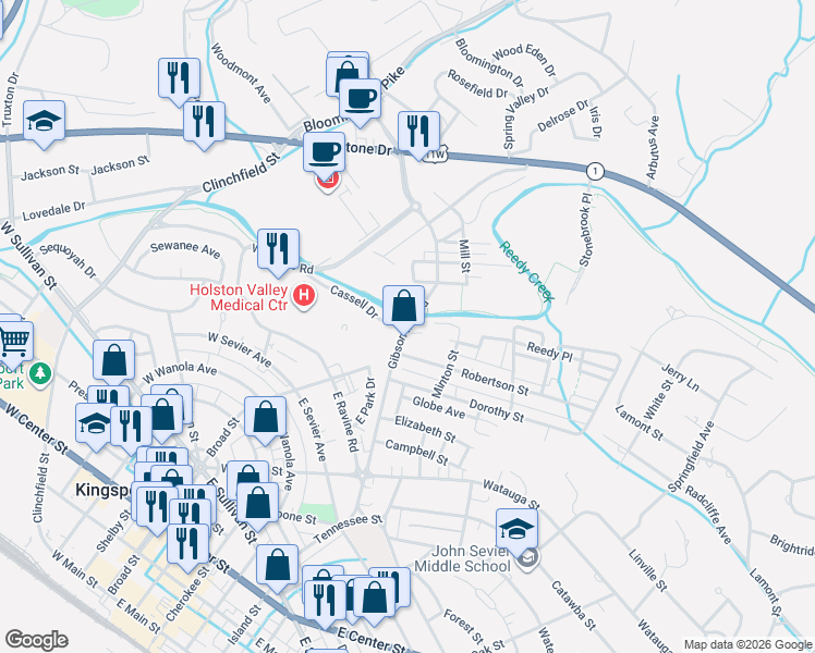 map of restaurants, bars, coffee shops, grocery stores, and more near 1014 Gibson Mill Road in Kingsport