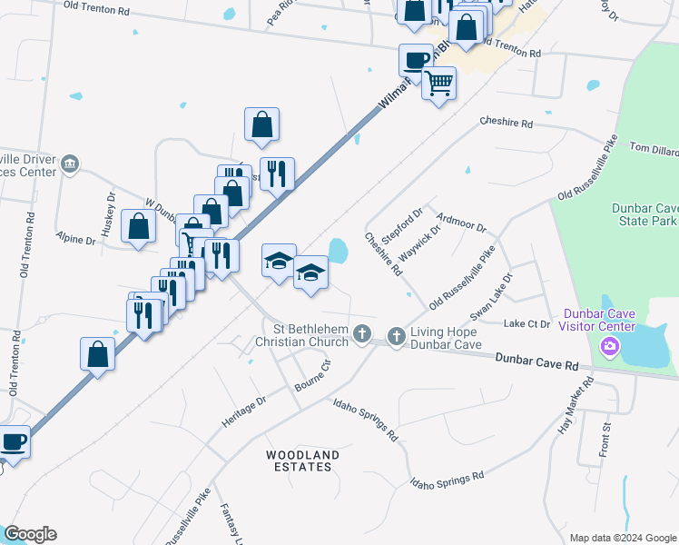 map of restaurants, bars, coffee shops, grocery stores, and more near 240 Timber Lake Drive in Clarksville