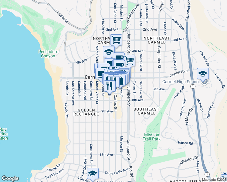 map of restaurants, bars, coffee shops, grocery stores, and more near 6016 San Carlos Street in Carmel-by-the-Sea