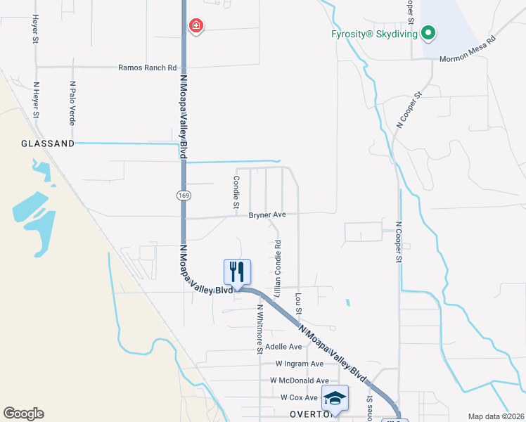 map of restaurants, bars, coffee shops, grocery stores, and more near 729 Lillian Condie Road in Moapa Valley