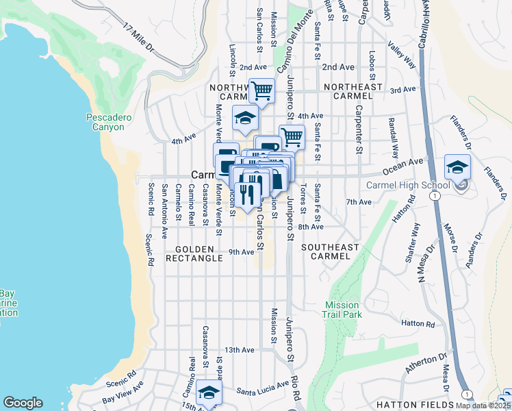 map of restaurants, bars, coffee shops, grocery stores, and more near in Carmel-by-the-Sea