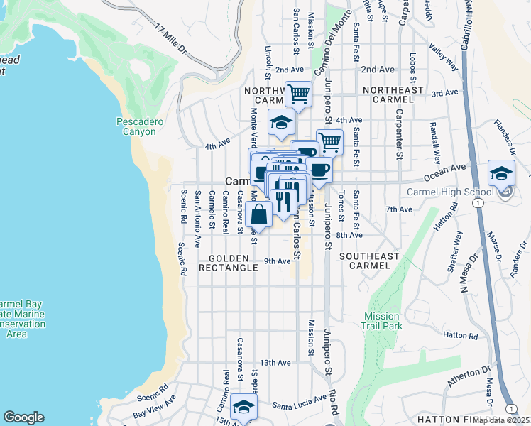 map of restaurants, bars, coffee shops, grocery stores, and more near 5 Lincoln Street in Carmel-by-the-Sea