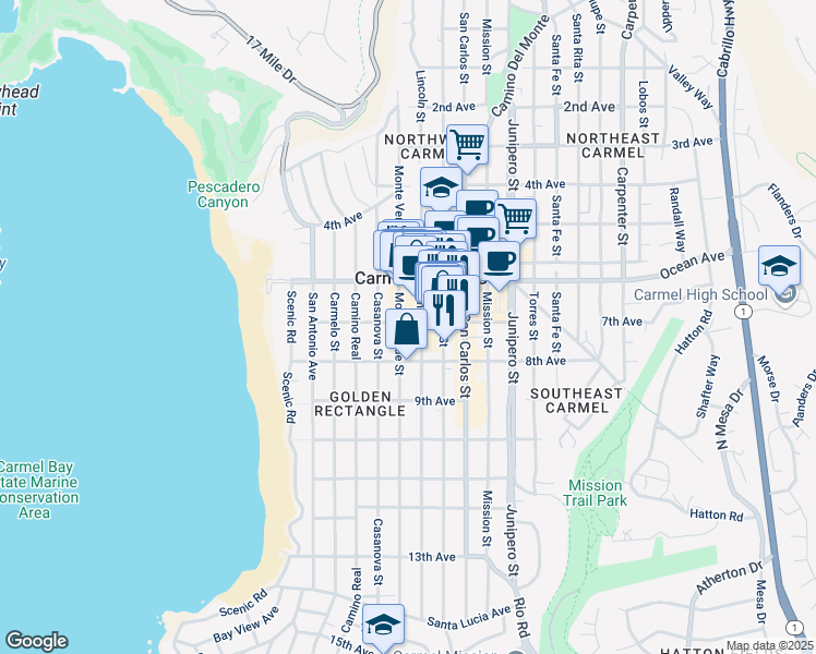 map of restaurants, bars, coffee shops, grocery stores, and more near 7 Monte Verde Street in Carmel-by-the-Sea