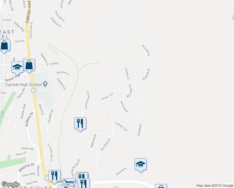 map of restaurants, bars, coffee shops, grocery stores, and more near 25450 Arriba Del Mundo Drive in Carmel-by-the-Sea